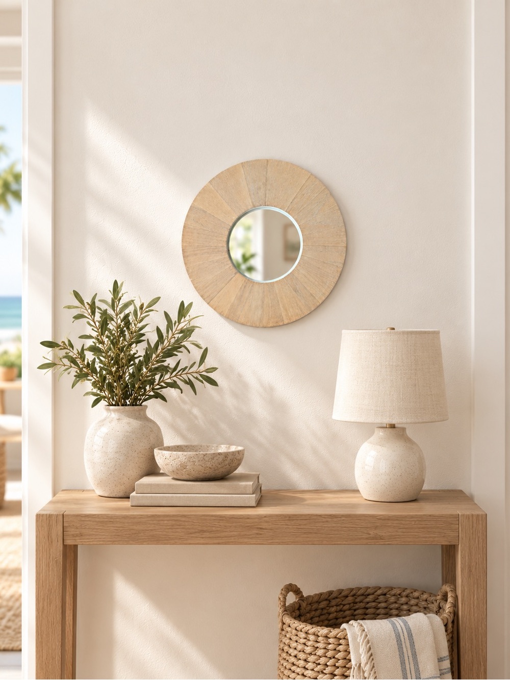 Small Natural Wood Sunburst Wall Mirror 11.5” Boho Coastal Decor